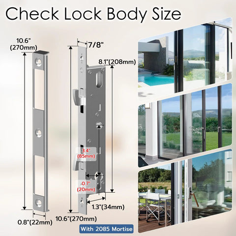 Diagram of Slim Sliding Glass Door Lock With Biometric Fingerprint Remote App Control Keypad And RFID Access Electronic Digital Mortise Smart Lock For Double Hook Patio Sliding Doors 2085 Slim Fit Size Measure Before You Buy For Best Fit with size measurements and installed view images