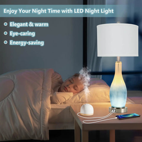 Set of 2 Rustic Farmhouse Table Lamps for Living Room and Bedroom, 3 Way Dimmable Touch Control Lamps With USB Charging Ports