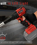 Upgraded Brushless Cordless Rivet Gun Tool Compatible With Milwaukee 18v Battery Includes Three Sizes Aluminum Rivets And Bright LED Light For Daily Workhorse Tasks No Battery Included Red showing built-in LED light and ergonomic grip.