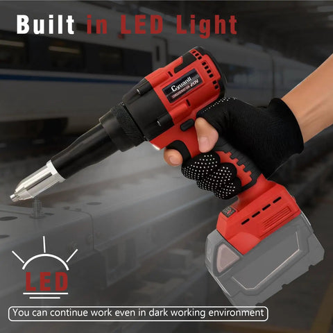 Upgraded Brushless Cordless Rivet Gun Tool Compatible With Milwaukee 18v Battery Includes Three Sizes Aluminum Rivets And Bright LED Light For Daily Workhorse Tasks No Battery Included Red showing built-in LED light and ergonomic grip.