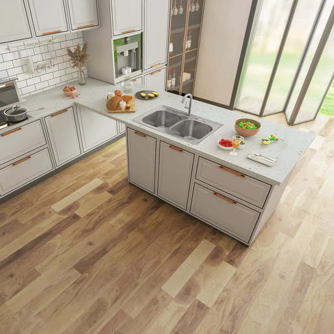 Top view of a modern kitchen featuring a Drop In Double Bowl Kitchen Sink 33 Inch By 22 Inch By 9 Inch, 18 Gauge 304 Stainless Steel Satin Finish.