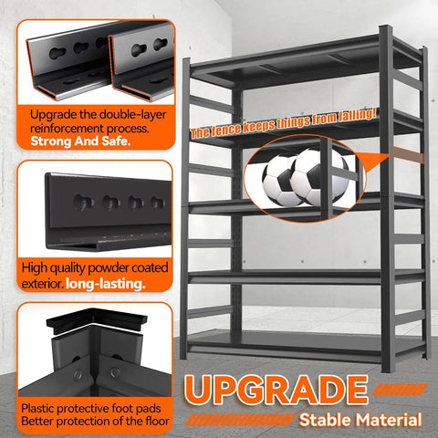 Heavy Duty 5 Tier Garage Shelving Unit With Anti Fall Rails Steel Industrial Shelving 3000 Lbs Capacity Adjustable Shelves 72 Inch Long Black Storage Rack For Tools Equipment Garage And Basement, black steel rack