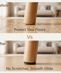 16 Piece Heavy Duty Furniture Sliders With Strong Self Adhesive Base Black Glide Pads before and after on a wooden floor.