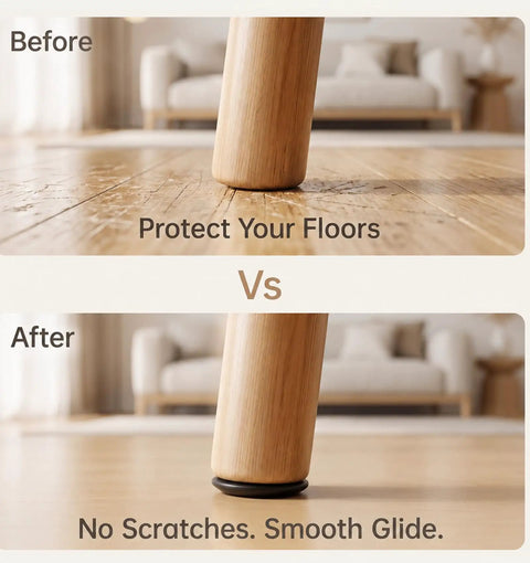 16 Piece Heavy Duty Furniture Sliders With Strong Self Adhesive Base Black Glide Pads before and after on a wooden floor.