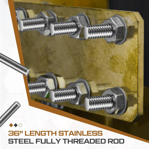 Blulu 4-piece 1/2-13 stainless steel fully threaded rods, 36-inch length with nuts and washers