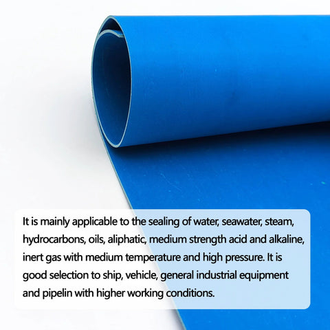 Blue paper gasket sheets rolled up, side view; high-temp chemical-grade sealing material.