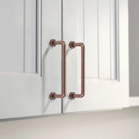 Six Pack Antique Copper Cabinet Pulls Three And Three Quarters Inch Center To Center Vintage Kitchen Hardware installed on cabinet doors