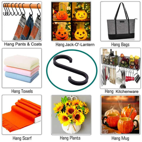 Heavy Duty S Shaped Hooks For Hanging Pots And Pans Plants Cups Coats And Towels In Kitchen Bedroom Office Garden And Bath Matte Black 10 Pack Durable Aluminum Rust Resistant Multipurpose Everyday Use shown for various uses