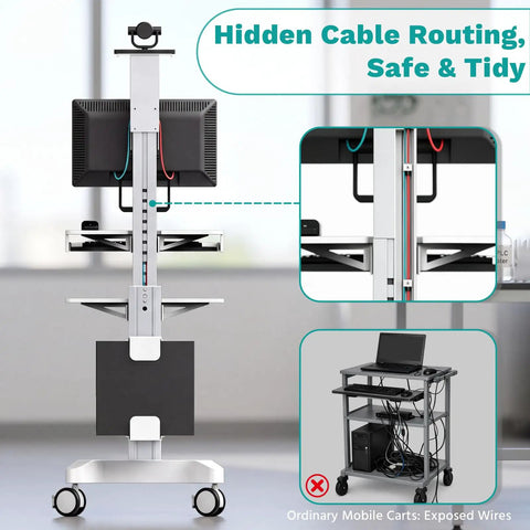 Game Changer Height Adjustable Medical Computer Cart With Sturdy Monitor Mount And Smooth Ride Wheels showing hidden cable routing and dual monitor setup.