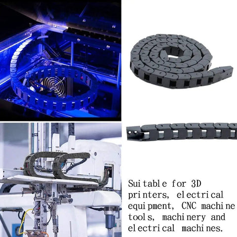 10X10mm 1m black plastic flexible drag chain cable carrier for 3D printer and CNC wiring in use and coiled view