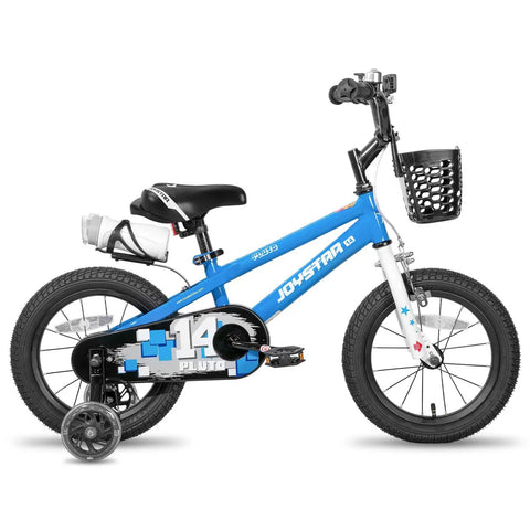 Kids Bike Seat With Built In Parent Handle Padded Replacement Saddle on blue bike, showing training wheels and basket