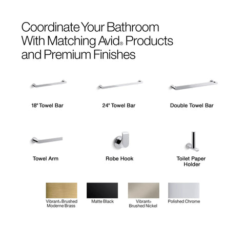 Avid collection bath hardware with Matte Black Avid Double Robe Hook for towel and robe storage, includes finishes.