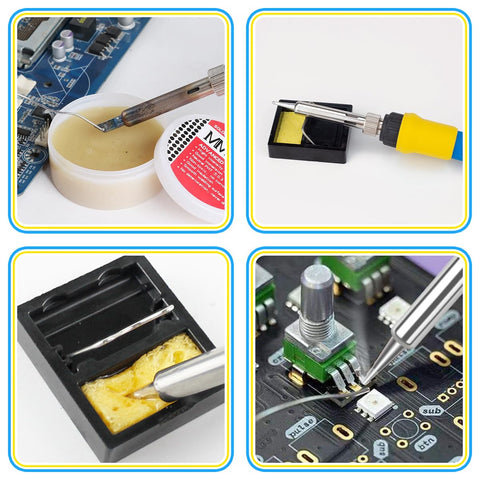 Beast DIY 80W Soldering Gun Kit with Adjustable Temperature, various views of soldering tips, stand, and tweezers in use