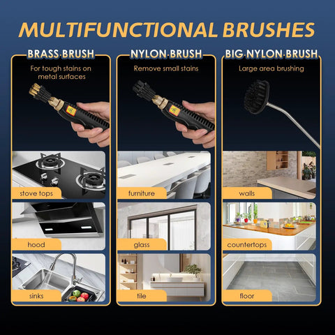 Multifunctional brushes for Supercharged 2500W Handheld Steam Cleaner with brass and nylon options for various surfaces.