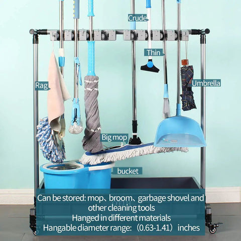 Rolling Cleaning Cart For Broom And Mop Storage With Drain Tray, Heavy Duty Commercial Mop Rack And Organizer, Perfect For Garage Or Garden