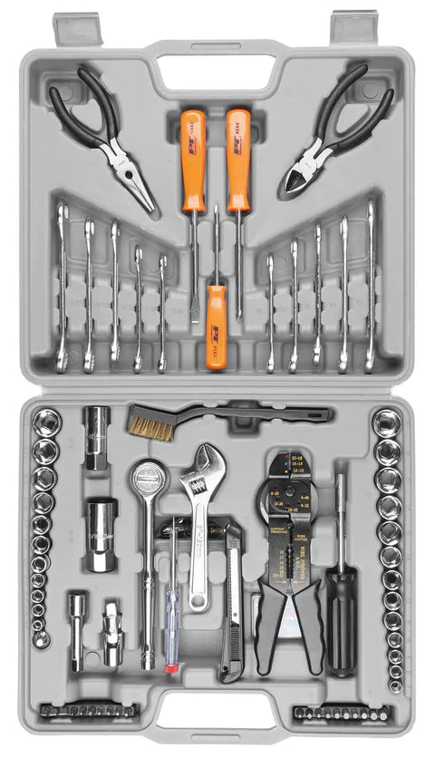 Versatile SAE and Metric Multi Use DIY Ready Tool Set With 119 Pieces In A Durable Plastic Toolbox Case For Home Repairs And Auto Projects With Ratchet Sockets Pliers Wrenches Screwdrivers Bits And More shown open with tools.