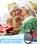 Hands Free Neck Magnifier With Light 10X 5.2 Inch Loupe displayed as gift for elderly couple in festive hats, Christmas scene.