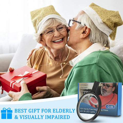 Hands Free Neck Magnifier With Light 10X 5.2 Inch Loupe displayed as gift for elderly couple in festive hats, Christmas scene.