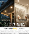 Dual Mode Five Six Inch LED Can Lights With Night Light 24 Pack 5CCT Dimmable Retrofit Recessed Lighting shown in outdoor and bathroom settings.