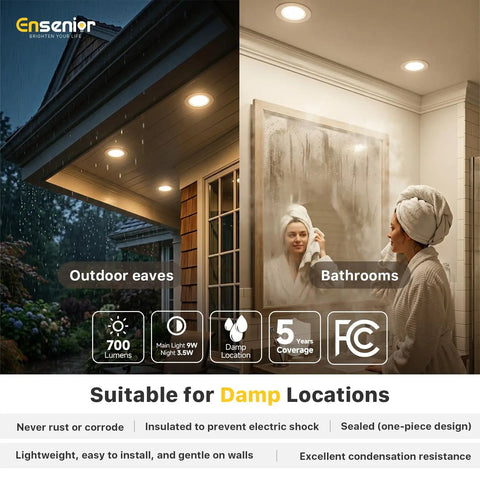 Dual Mode Five Six Inch LED Can Lights With Night Light 24 Pack 5CCT Dimmable Retrofit Recessed Lighting shown in outdoor and bathroom settings.