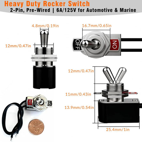 Beefy 2 Pin Heavy Duty Toggle Switch 6A At 125V And 3A At 250V SPST On Off Rocker with measurements and wiring