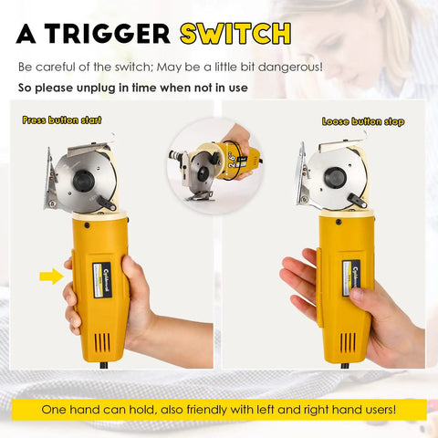 Heavy Duty Electric Rotary Fabric Carpet Cutter With 70mm Octagonal Blade, Cuts Up To One Inch Thick Material At 2400 Rpm, trigger switch detail.