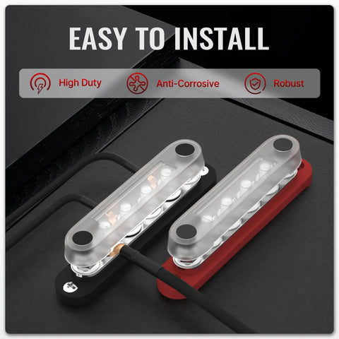 Heavy Duty 12 Volt Bus Bar Power Distribution Block with Six Sixteenth Inch Terminal Studs M8 installed in setup