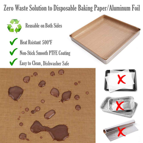 PTFE Teflon Sheet Nonstick Oven Liner Barbecue Grill Mat shown with baking tray and spilled liquid, highlighting heat resistance