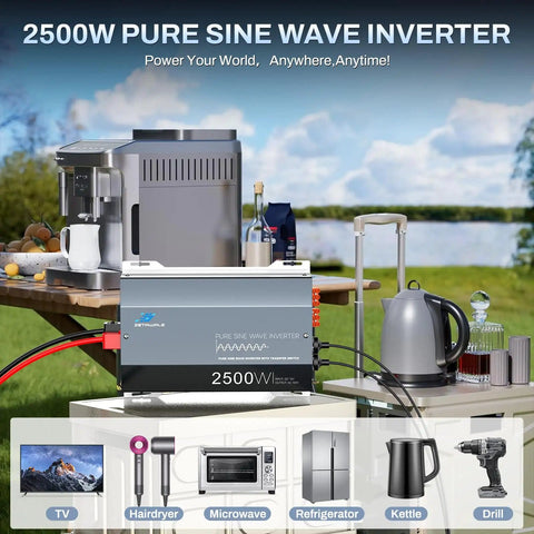 2500W Pure Sine Wave RV Inverter with Built-In ATS and Shore Power Bypass for Off Grid RV Living next to appliances