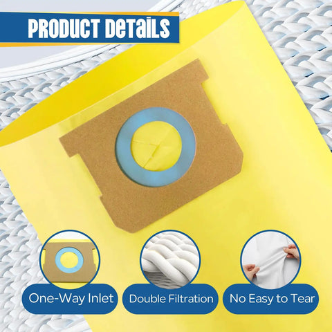 Close-up of yellow 12 Pack 10 To 14 Gallon Vacuum Bags For Wet Dry Vacuums Compatible With Type I And Type F Models 90672 9067200