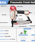 Pro Grade 16 Gauge Finish Nailer Pneumatic Straight Nail Gun With Quick Jam Release For Pros And DIYers, labeled details