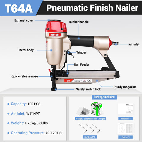 Pro Grade 16 Gauge Finish Nailer Pneumatic Straight Nail Gun With Quick Jam Release For Pros And DIYers, labeled details