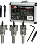 Heavy Duty Carbide Hole Saw Kit For Stainless Steel With 7/8, 1 1/8, And 1 3/8 Inch Diameters, Integrated Pilot Bits, Includes 3 Extra Pilot Bits And Hex Wrench For Tough Metal Drilling, displayed with components and case