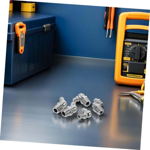 Upgrade Your Rig With This Badass 30 Piece Stainless Steel Zerk Fitting Kit Heavy Duty Grease Nipples Perfect For Auto Farm And Industrial Maches Keeping Things lubed Up Is A Total Breeze. stainless steel zerk fittings on blue workbench