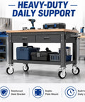 Heavy Duty Three Inch Caster Set With Two Fixed Trackers And Two Bulletproof Locking Swivel Wheels on a workbench for stability.