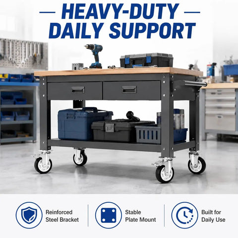 Heavy Duty Three Inch Caster Set With Two Fixed Trackers And Two Bulletproof Locking Swivel Wheels on a workbench for stability.
