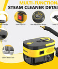 Portable Handheld Steam Cleaner With Six Adjustable Pressure Levels And Fifteen Utility Tips Blasts Out High Heat, showcasing top water inlet and 1200ml tank.