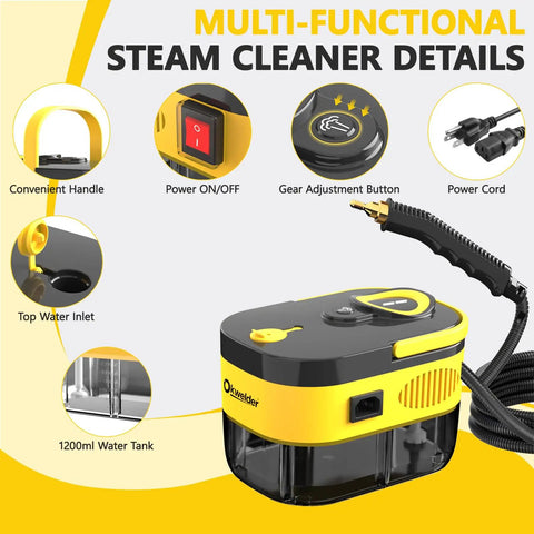 Portable Handheld Steam Cleaner With Six Adjustable Pressure Levels And Fifteen Utility Tips Blasts Out High Heat, showcasing top water inlet and 1200ml tank.
