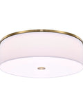 Antique Brass Drum Linen Flush Mount Ceiling Light, 20 Inch LED Fixture, 2000 Lumens, Dimmable, with off-white drum shade and brass trim.