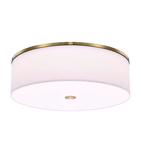 Antique Brass Drum Linen Flush Mount Ceiling Light, 20 Inch LED Fixture, 2000 Lumens, Dimmable, with off-white drum shade and brass trim.