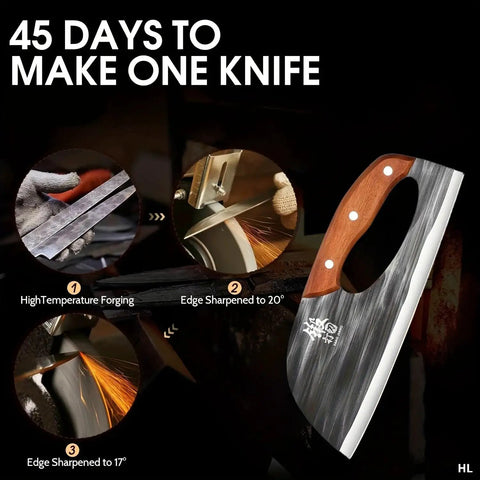 Two Piece Meat Cleaver Knife Set For Easy Meat And Veggie Chopping, showing forging and sharpening process.