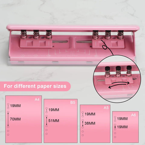 Adjustable 6 Hole Punch for A4 A5 A6 personal and pocket planners, durable metal construction, pink, with ruler and hole guide shown.