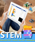 Child using IoT Smart Home Hands-On Coding Kit For Arduino Fans, Voice And App Control with tablet interface and home model