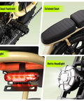 Collage of footrest, extended seat, taillight, and headlight on All Terrain Fat Tire Electric Bike For Adults With 1500W Peak Motor