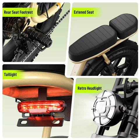 Collage of footrest, extended seat, taillight, and headlight on All Terrain Fat Tire Electric Bike For Adults With 1500W Peak Motor