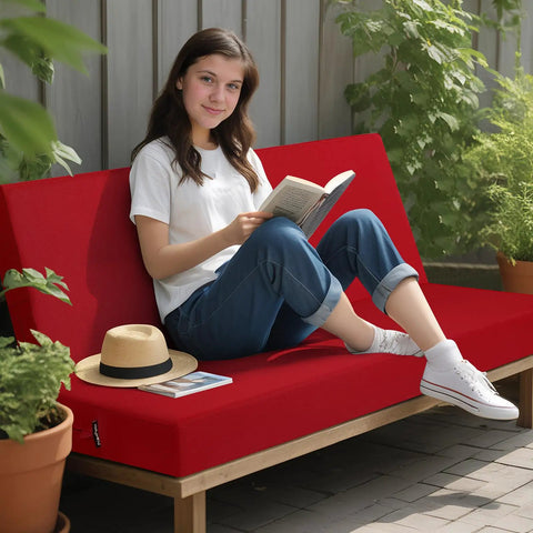 Woman sitting on Waterproof Outdoor Bench Cushion 3 Inch High Density Foam Replacement Seat Pad For Patio Porch Swing 42 By 18 Inches Red
