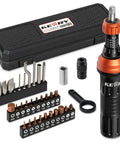 Heavy Duty Quarter Inch Drive Torque Screwdriver Set With 10 To 80 In Lb Range And 34 Bit Kit S2 Steel Standard Phillips Slotted Torx And Hex Bits Quick Change Adapter For Precise Maintenance Tasks, case and bits shown
