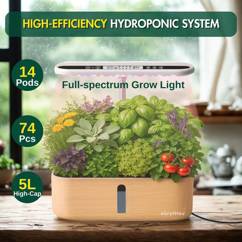 Indoor Hydroponic Herb Garden System With 14 Pods LCD Display LED Grow Light showcasing herbs and vegetables in a white container