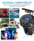 2 Pack 12V To 24V Cigarette Lighter Outlet With Voltmeter Quick Charge 3.0 Dual USB Port Adapter shown with various devices and vehicles.