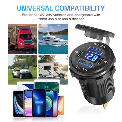 2 Pack 12V To 24V Cigarette Lighter Outlet With Voltmeter Quick Charge 3.0 Dual USB Port Adapter shown with various devices and vehicles.